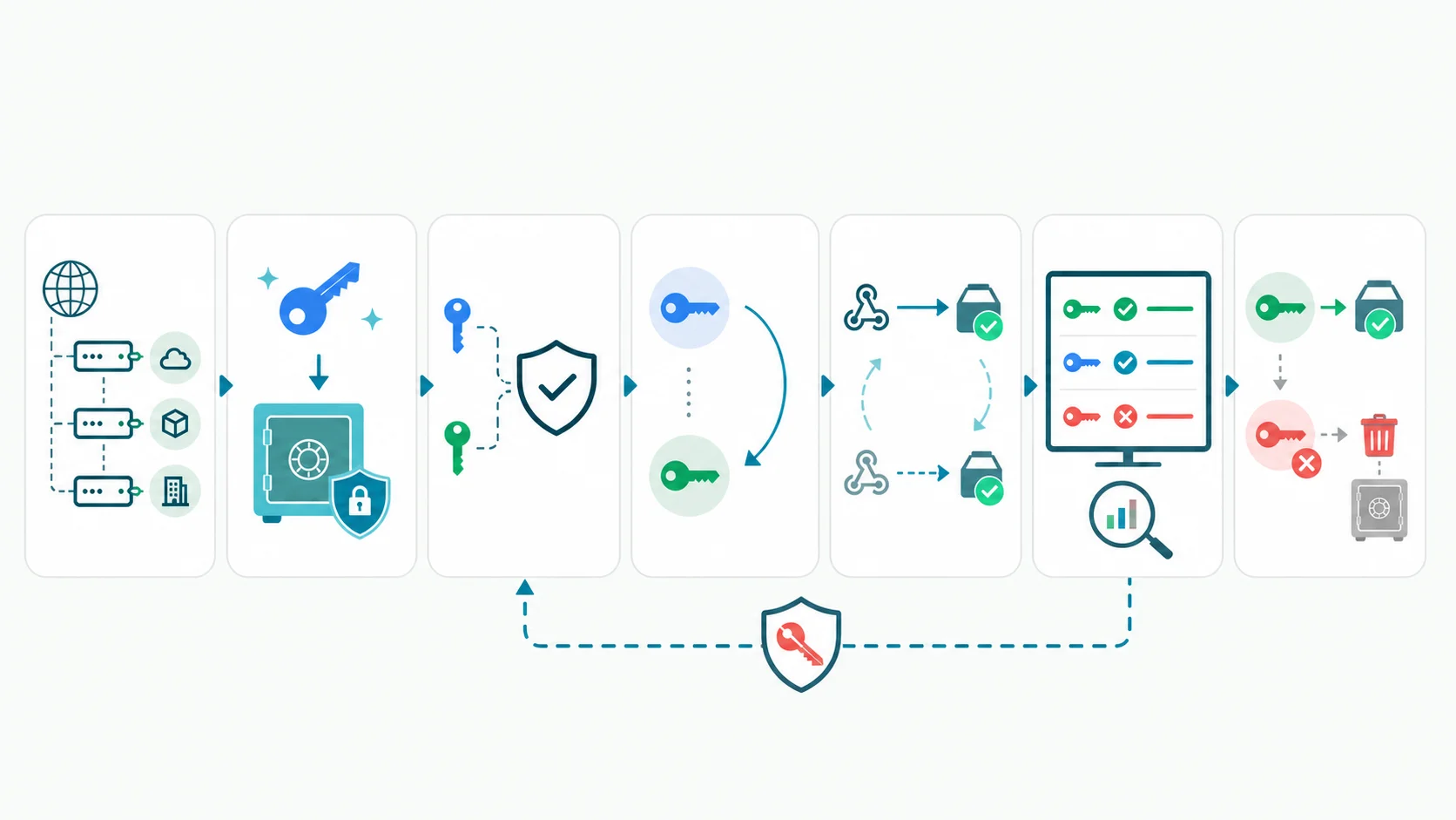 Webhook署名シークレットを棚卸し、新secretを保管し、受信側の新旧検証、送信側切替、実配送テスト、監視、旧secret失効へ進める7段階フロー