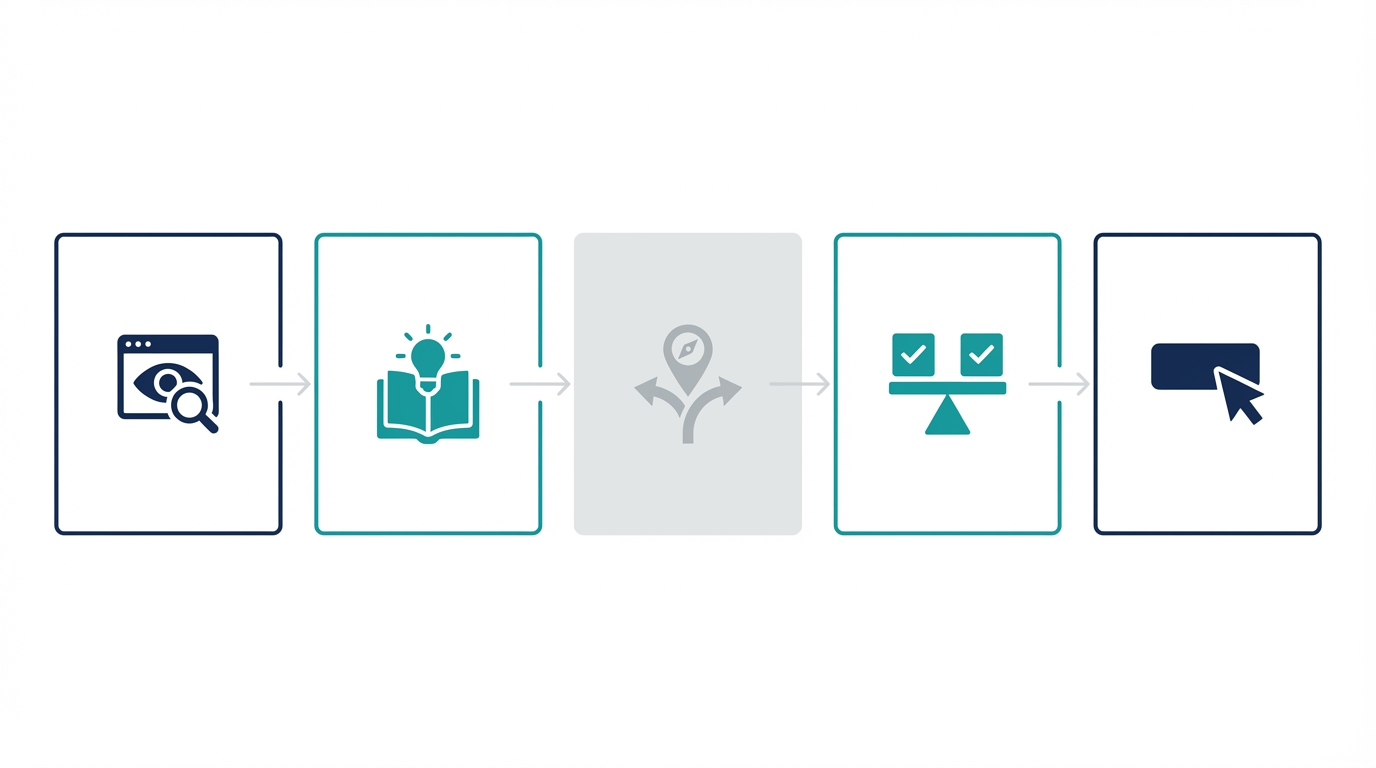 ゼロクリック時代のBtoB SEOを、表示、理解、回遊、比較、CTAの5段階で整理した図