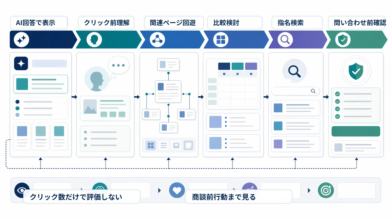 ゼロクリック時代のBtoB SEOを、AI回答での表示、クリック前理解、関連ページ回遊、比較検討、指名検索、問い合わせ前確認の流れで整理した図
