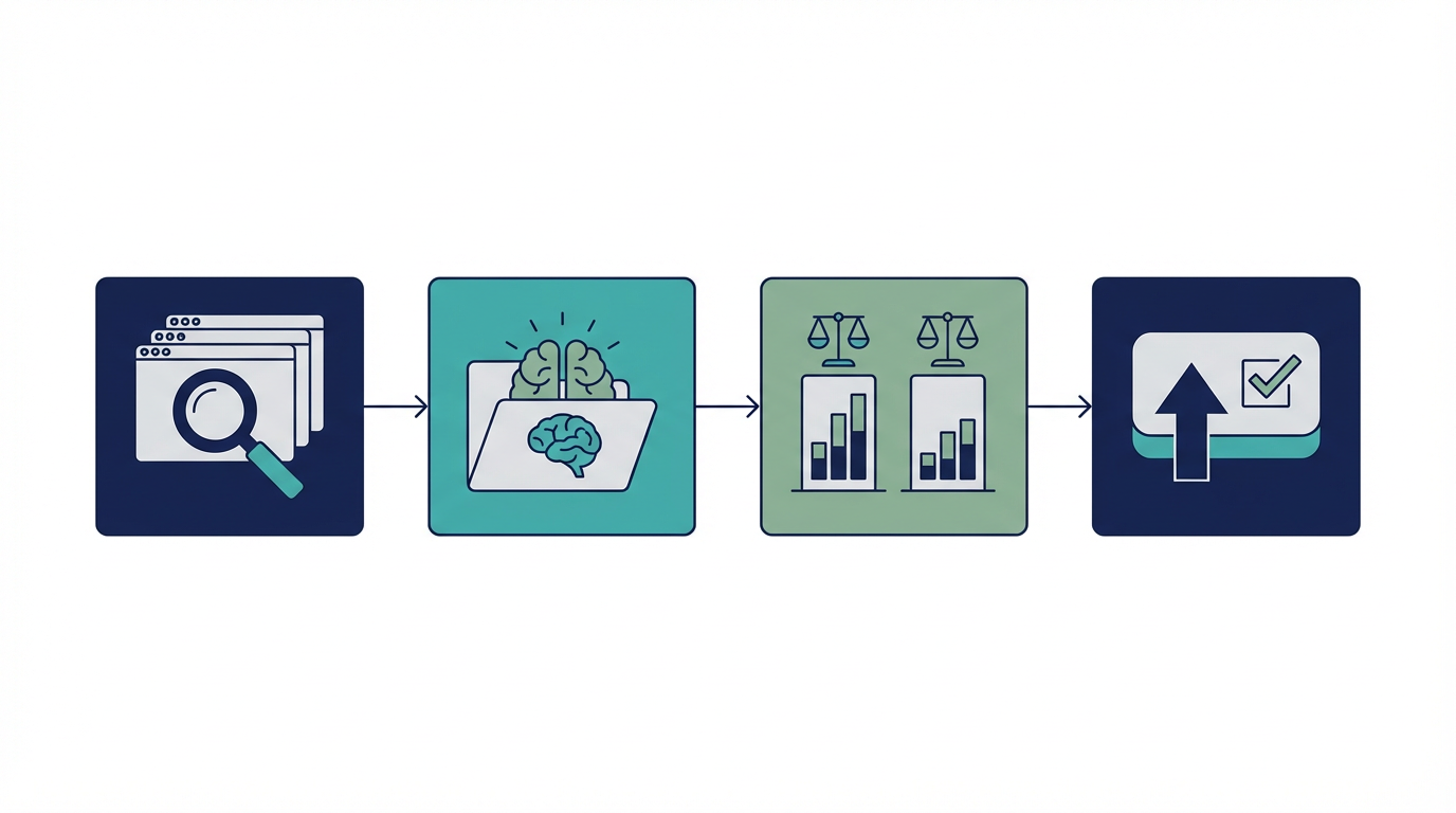 ゼロクリック時代のBtoB SEOを、発見、理解、比較、CTAの4段階で整理した図