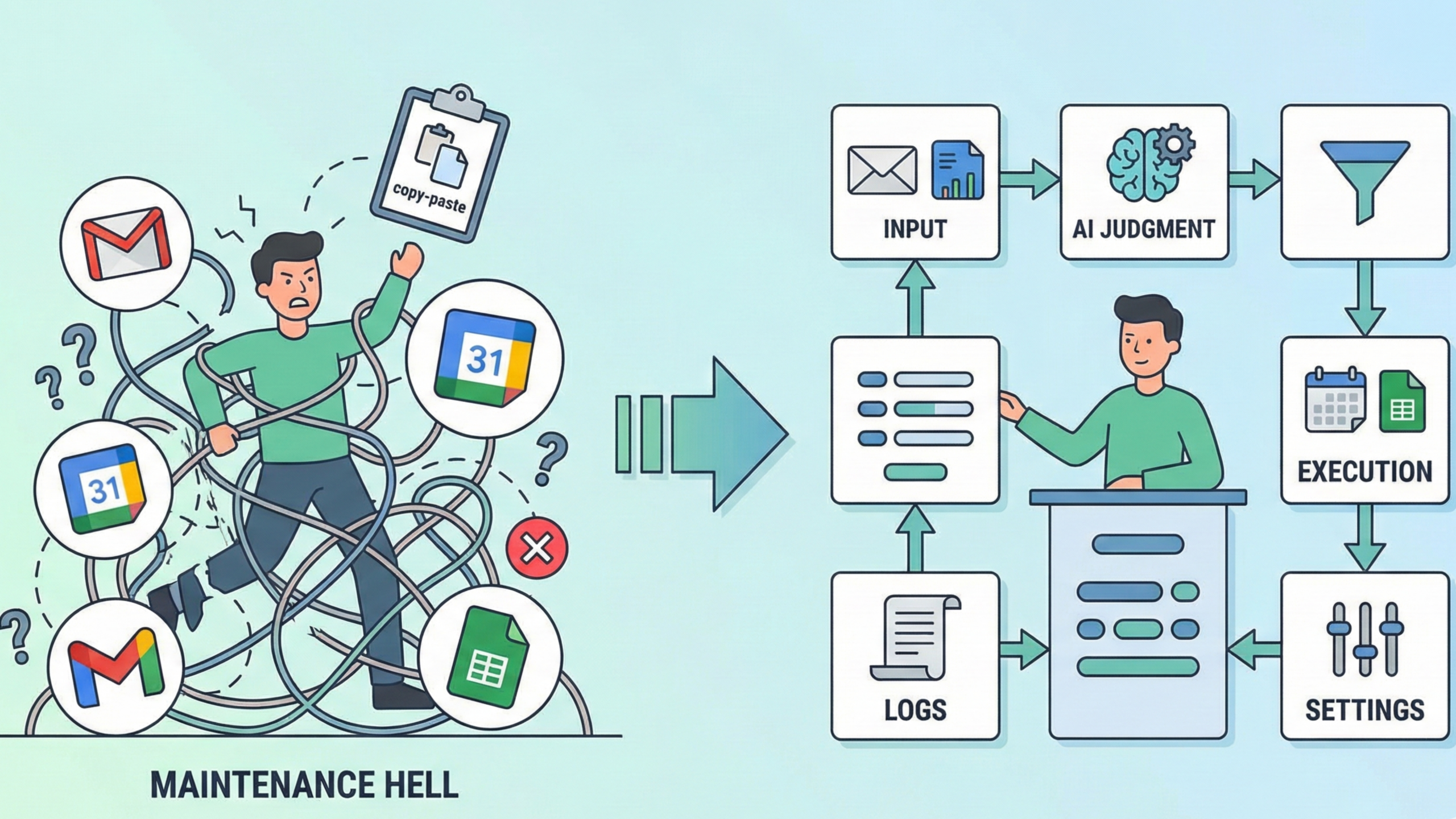 自動化×AI：部品コピペで始めて、保守地獄に落ちない設計原則（Gmail・カレンダー・スプレッドシート運用に効く）