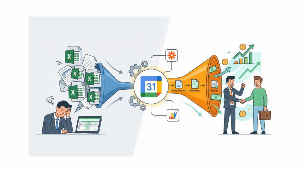 【脱エクセル】ルートセールスの「ファネル」を最大化する自動化革命｜Googleカレンダー連携で日報をゼロにする方法