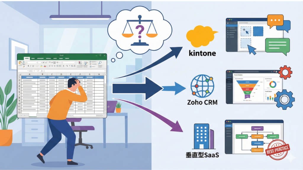 ルート営業のファネルを回すための脱エクセル戦略——kintone・Zoho・垂直型SaaS、どれを選ぶべきか